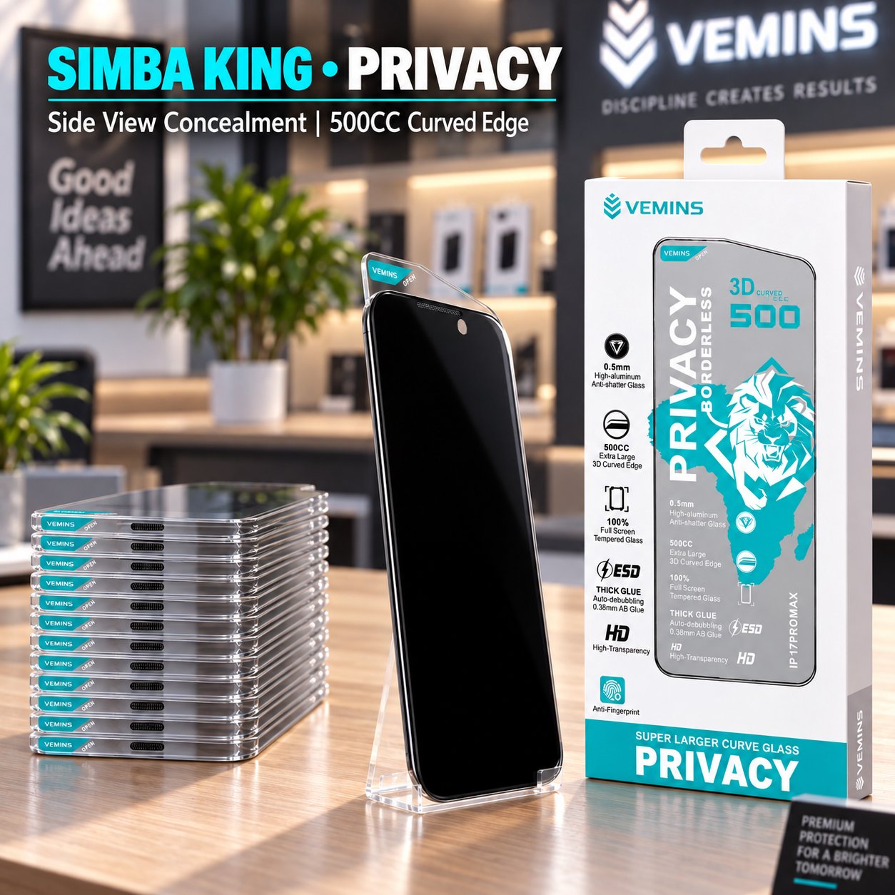 VEMINS SIMBA KING Privacy Tempered Glass — IP 17PROMAX